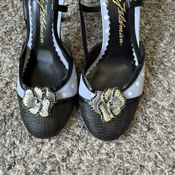 BEVERLY FELDMAN Heels Black Blue Polka Dot Slingback Rose Size 7 M READ - Picture 3 of 10